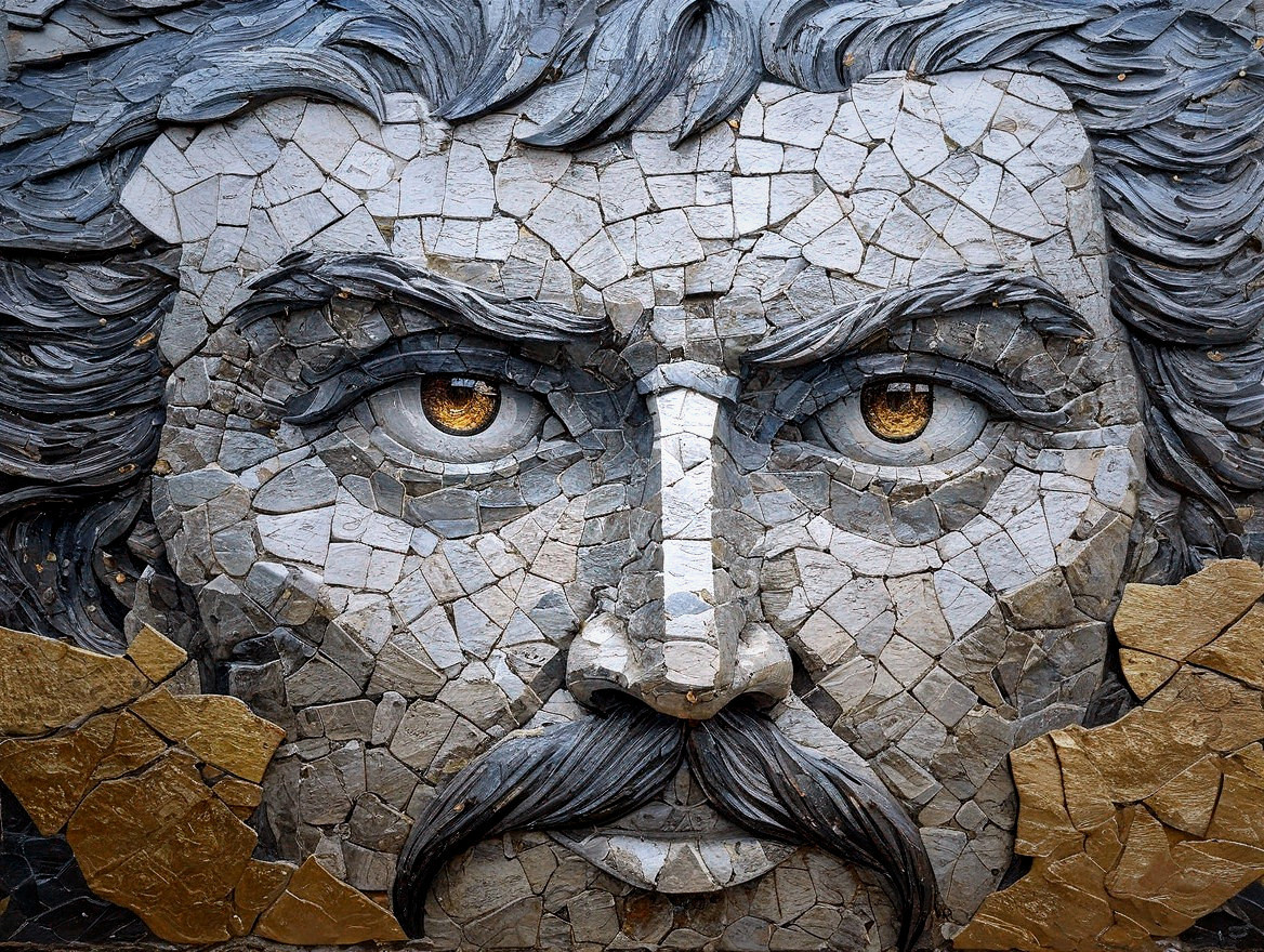 Mosaic Artwork of a Man's Face in Gray and Gold