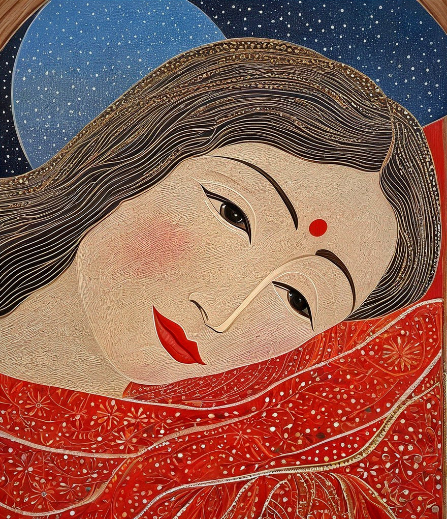 Serene Woman in Traditional Garment Against Cosmic Background