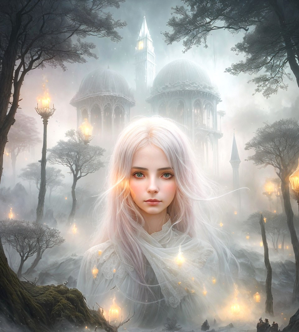 Mystical portrait of pale-skinned woman in foggy woods