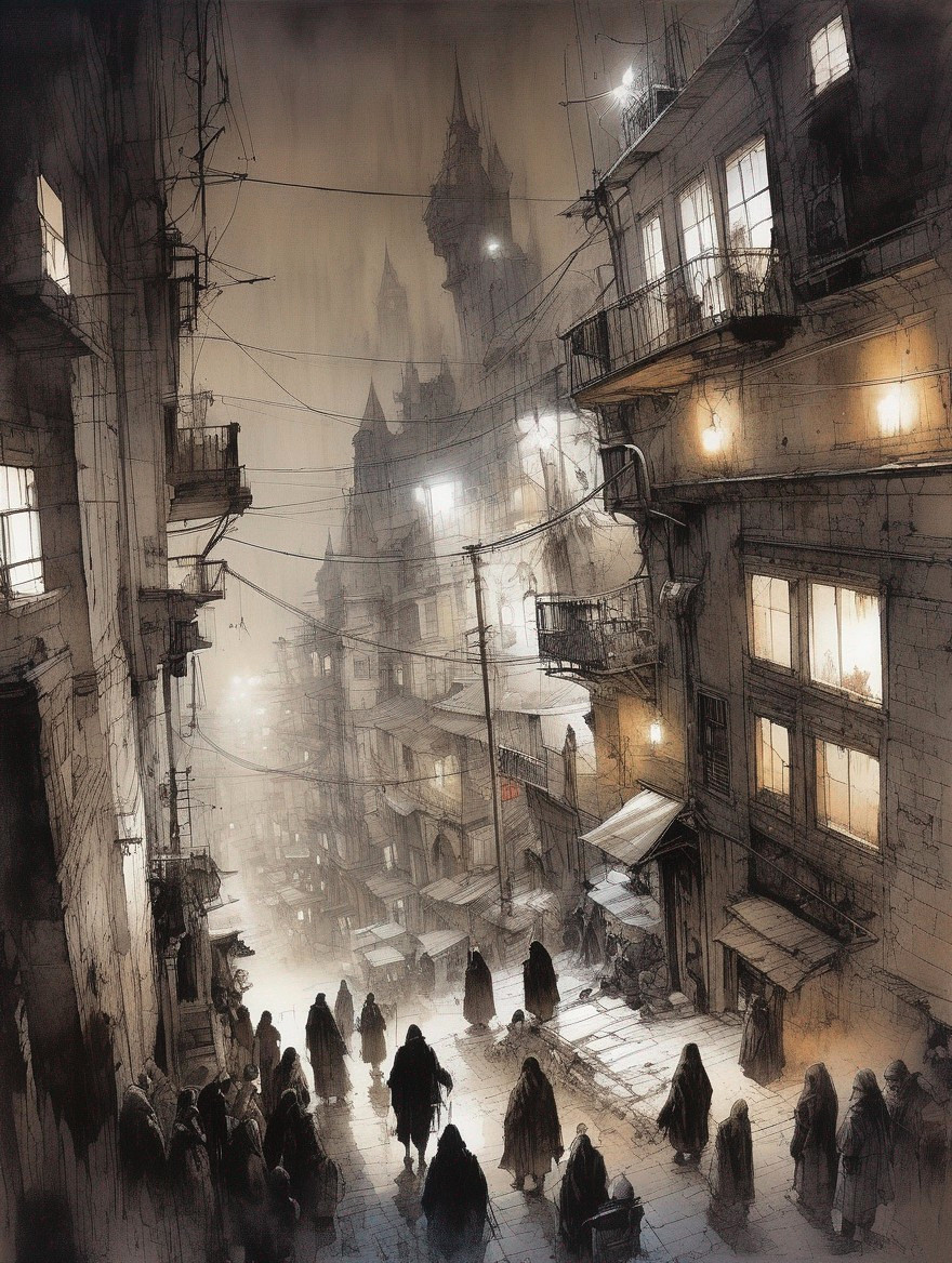 Moody Cityscape with Shadowy Figures and Flickering Lights