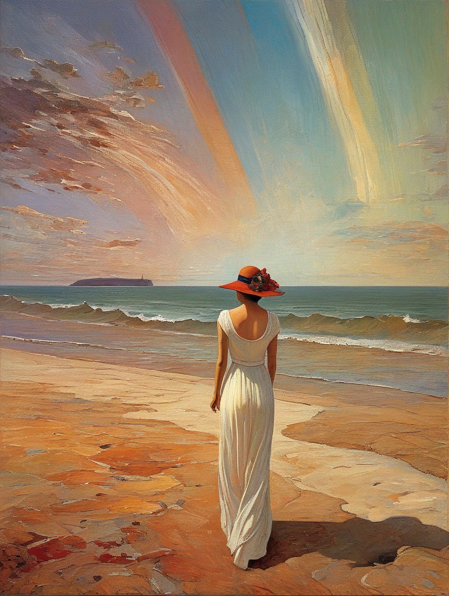 Serene Seaside Scene with Woman in White Dress