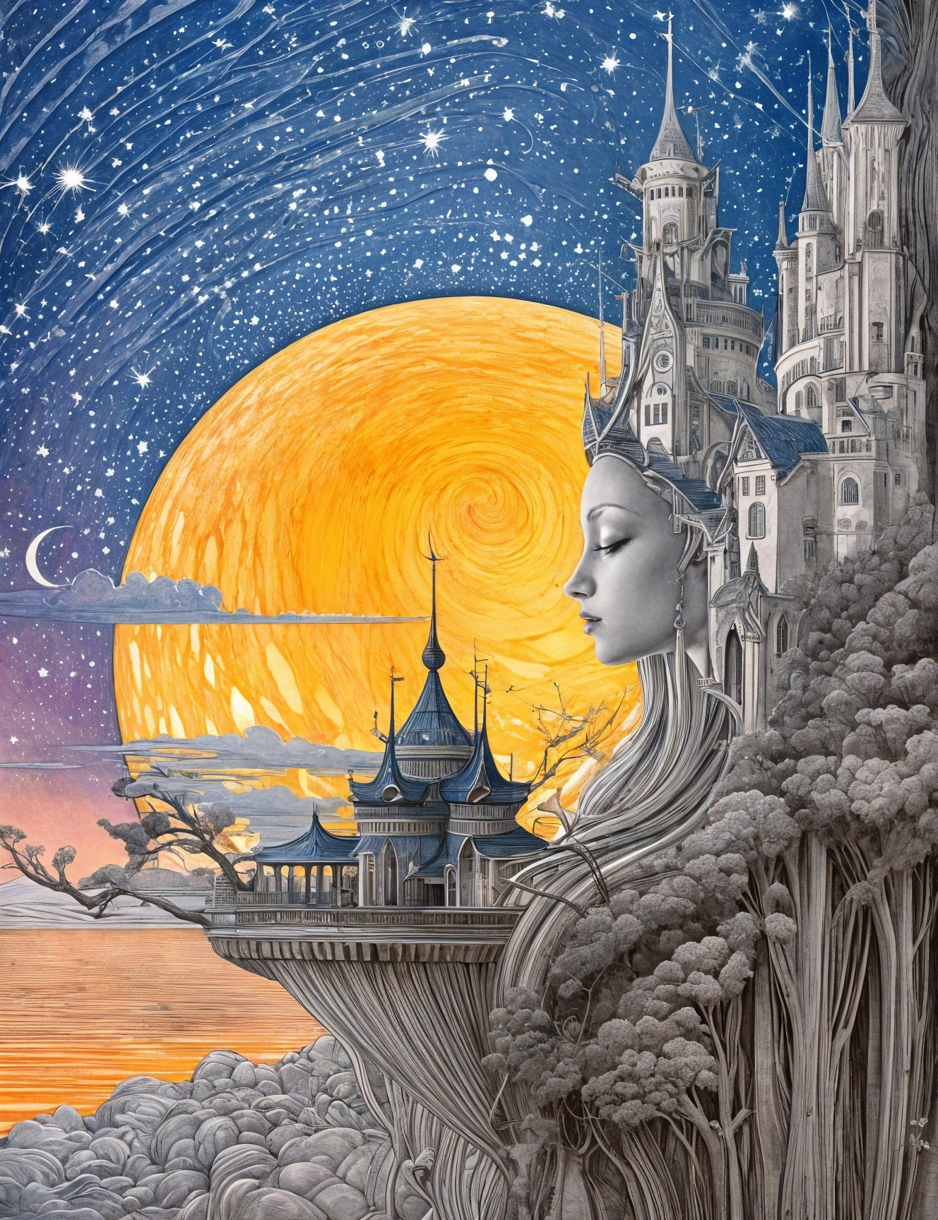 Fantastical landscape with golden sun and castle profile