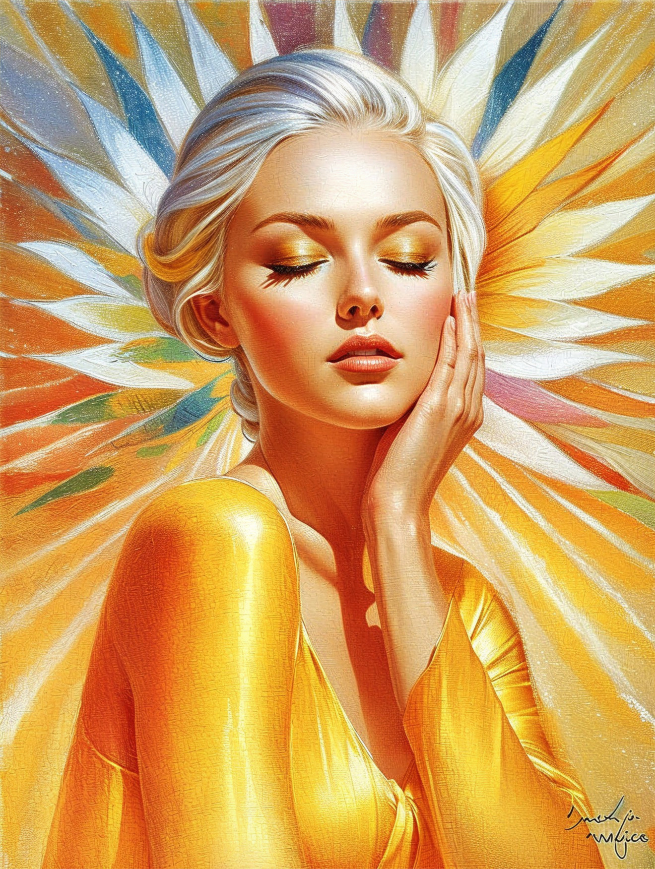 Portrait of a woman in yellow with serene expression