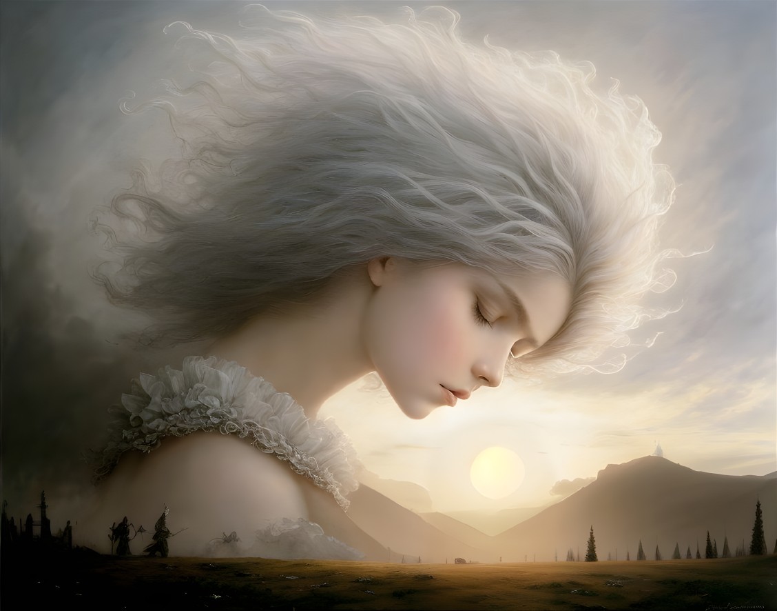 Surreal image: Woman with flowing white hair in misty landscape