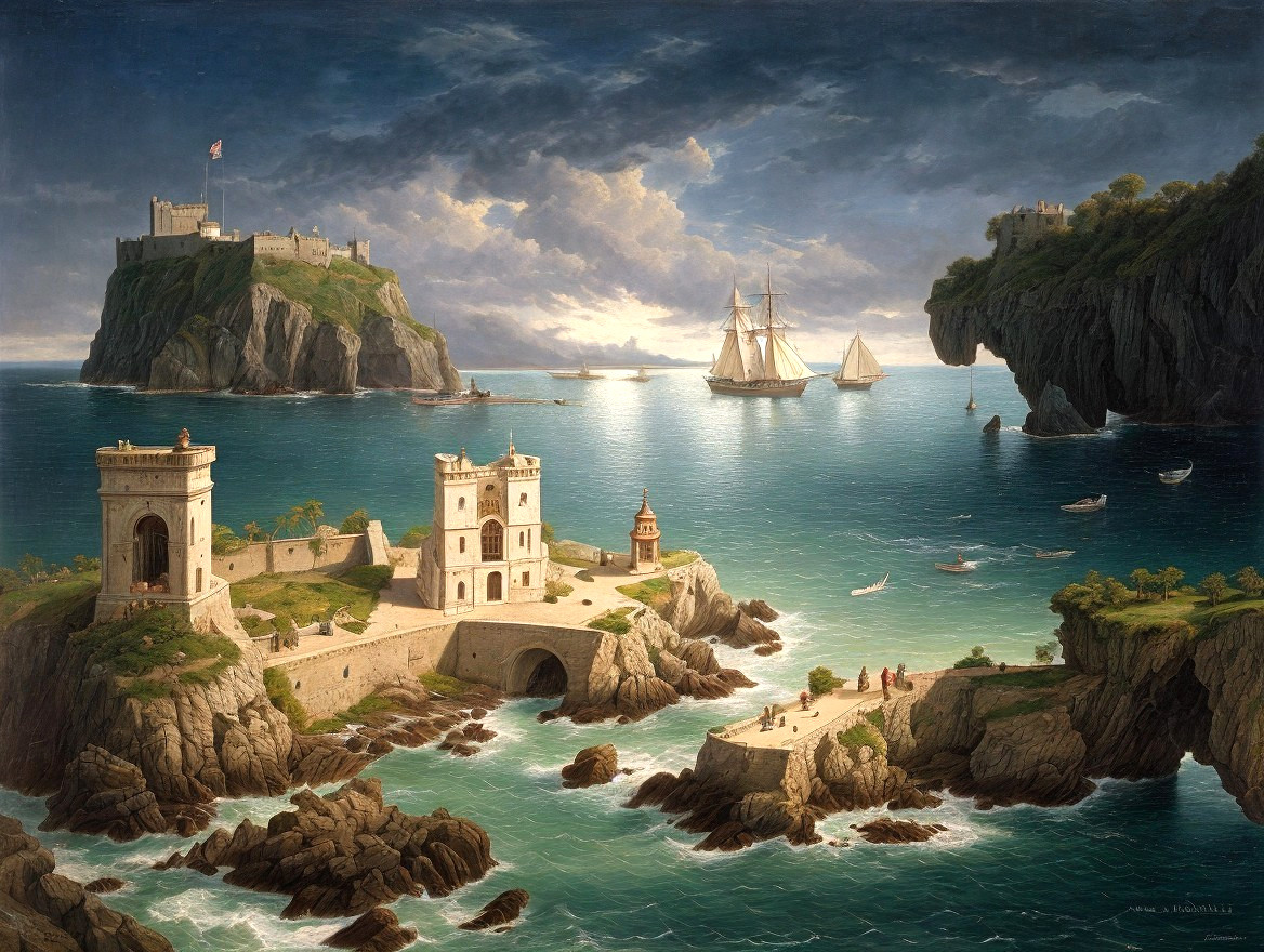Seascape painting: Coastal fortress, cliffs, bridges, sailboats, people