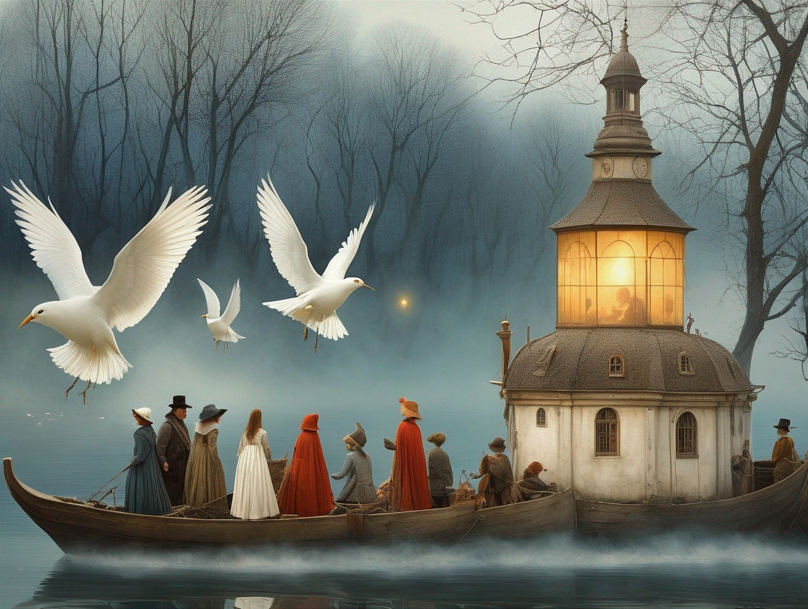 Misty Vintage Boat Scene Near Lantern-Lit Chapel