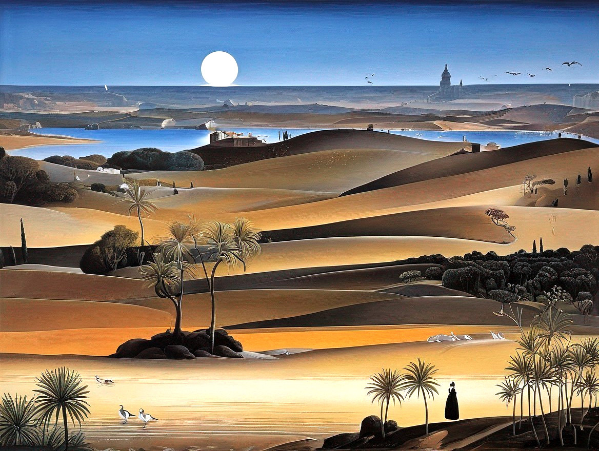 Surreal Landscape with Golden Hills and Moonlit River