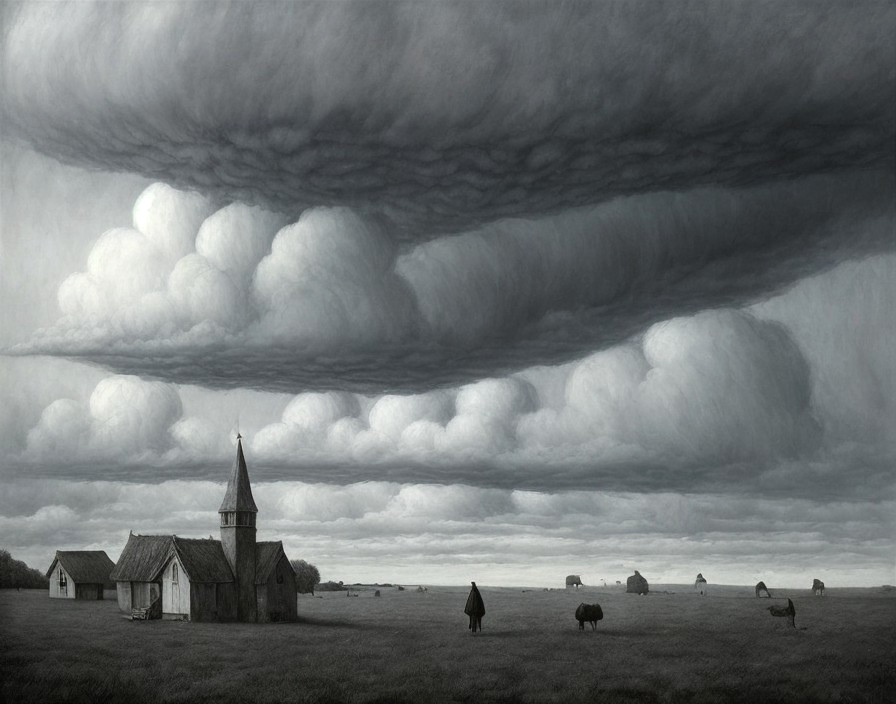 Dramatic Landscape with Village and Moody Sky