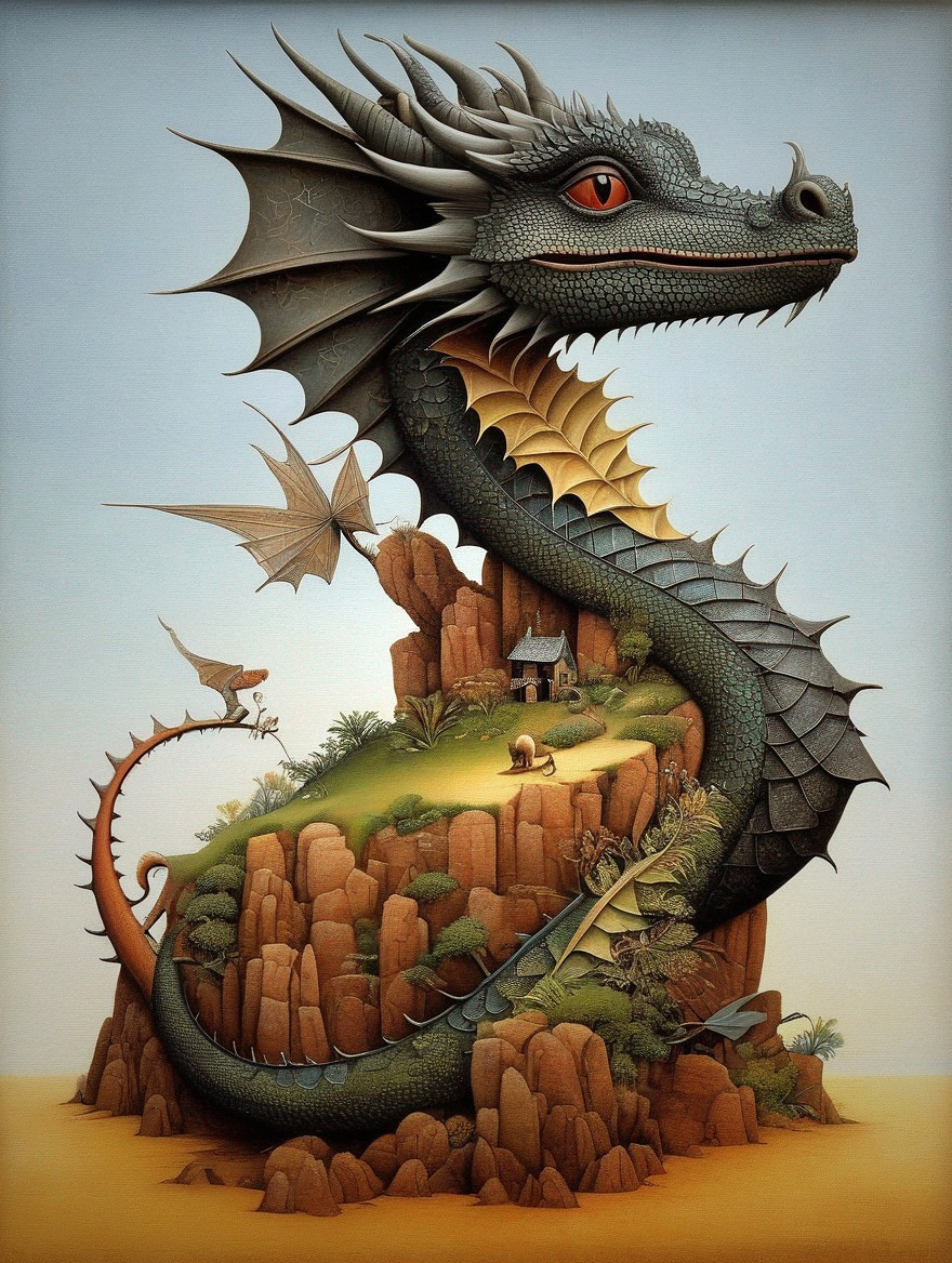 Detailed Illustration: Majestic Dragon on Craggy Hill with Smaller Dragons in Earth Tones