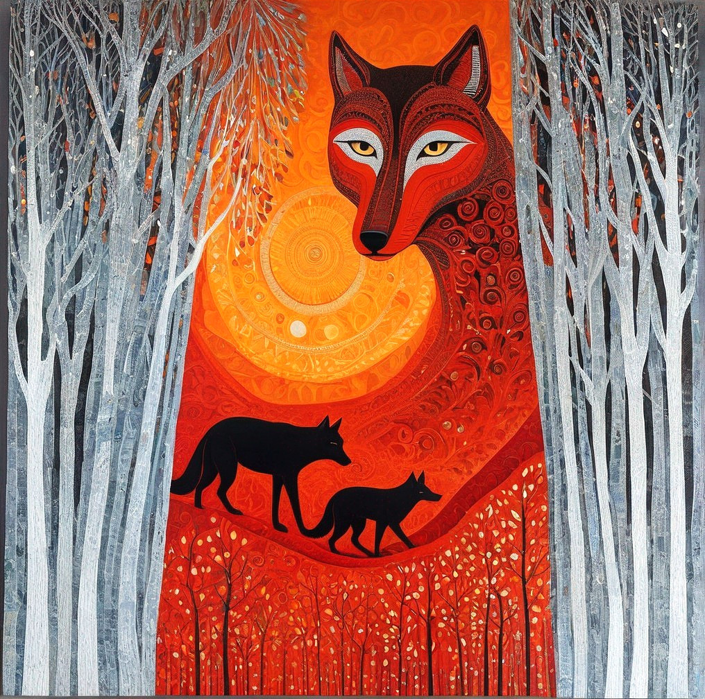 Colorful Fox Face Painting in Forest Setting with Two Foxes and Sun
