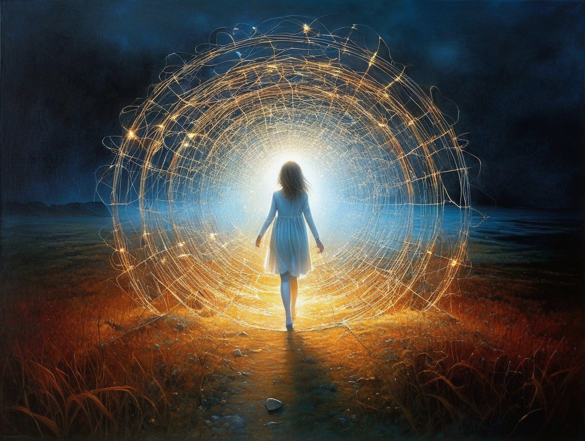 Girl faces luminous swirling portal in nocturnal landscape