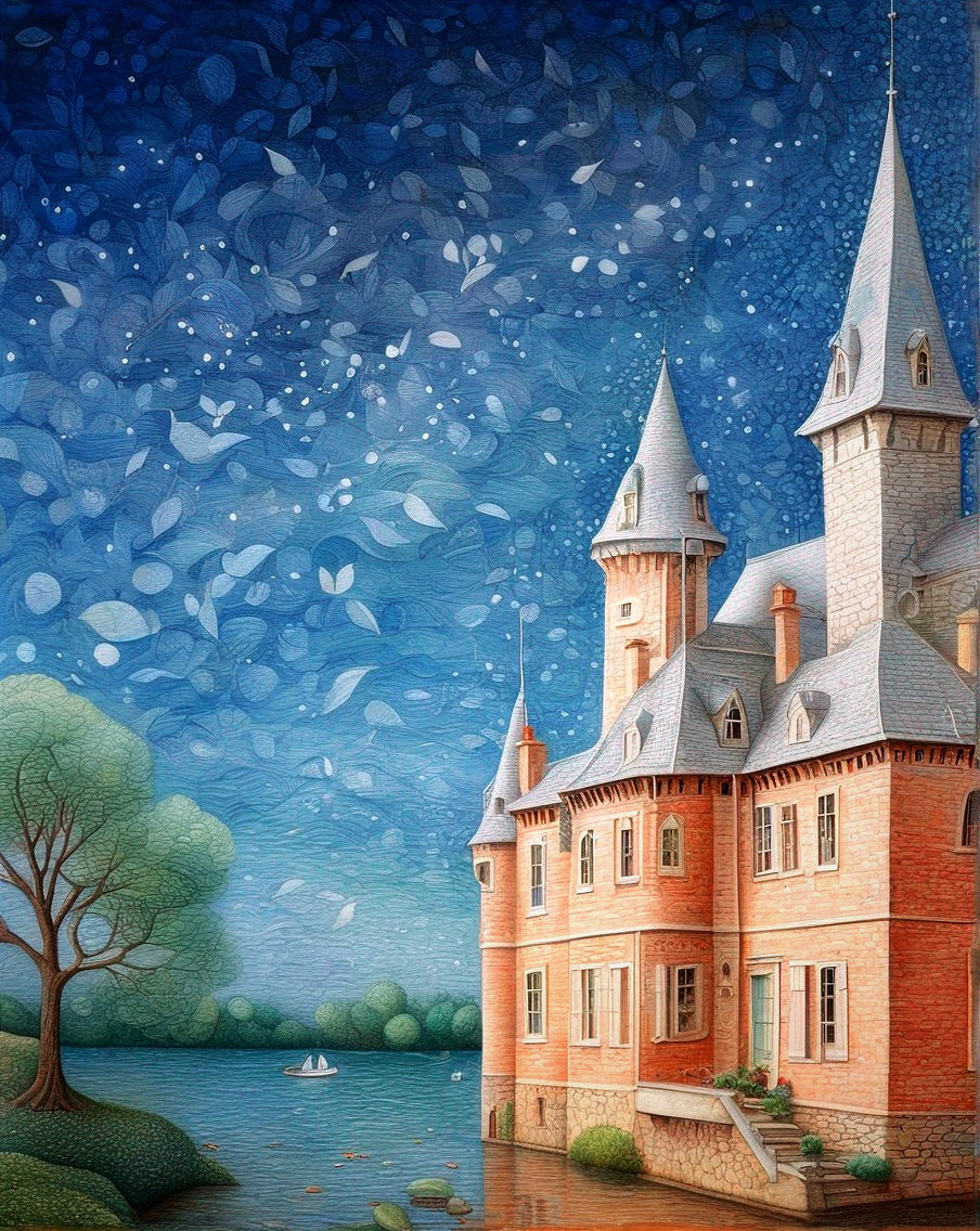 Whimsical Castle by Serene Lake at Night