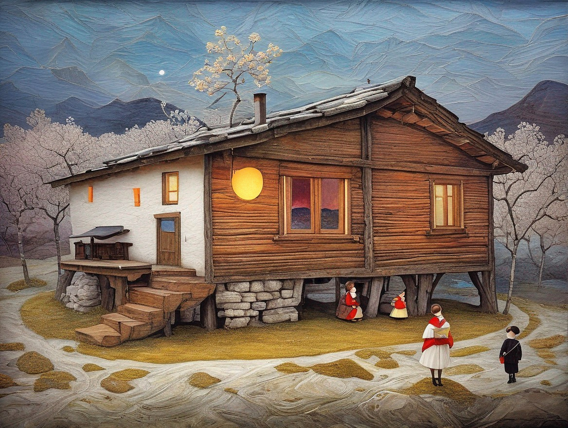 Wooden cabin with stone foundation in serene landscape