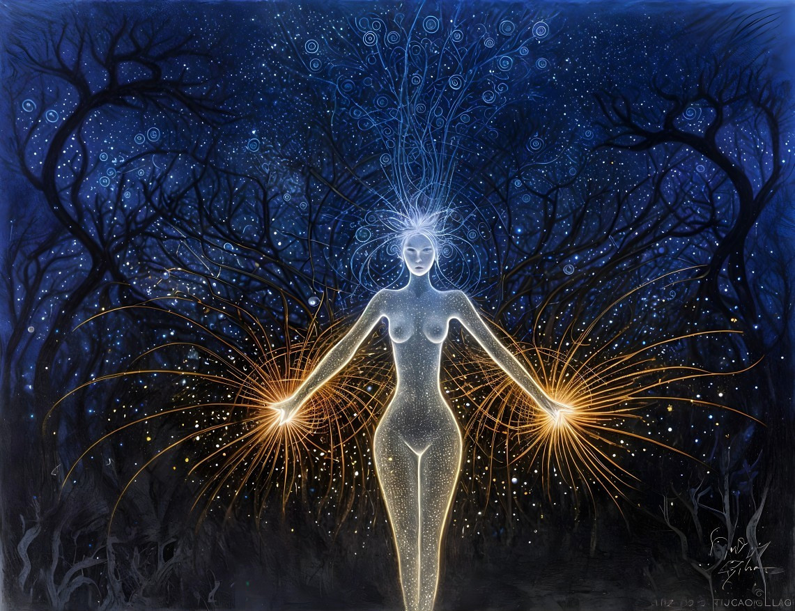 Luminous Figure in a Dark Starry Forest Scene