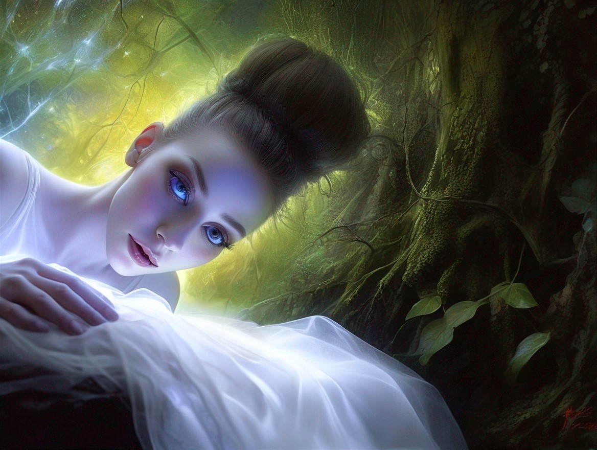 Fantasy illustration of woman with glowing blue eyes in elegant white dress in ethereal forest setting.