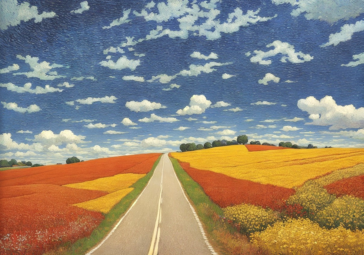 Serene Landscape with Winding Road and Vibrant Fields