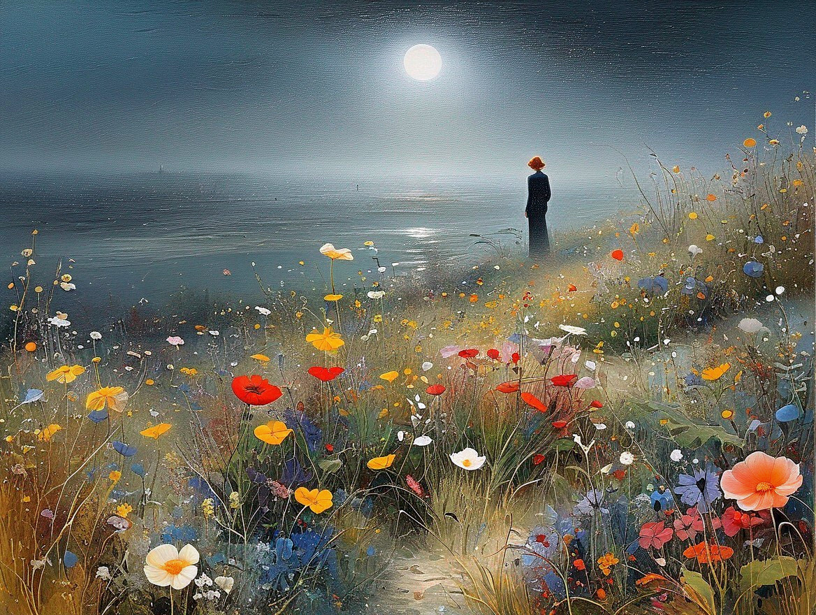 Serene Landscape with Moonlit Water and Wildflowers