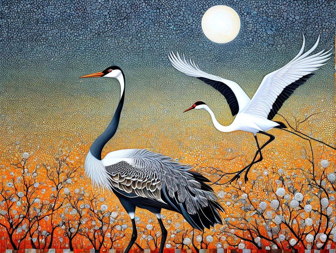 Cranes in Vibrant Landscape with Moonlit Sky