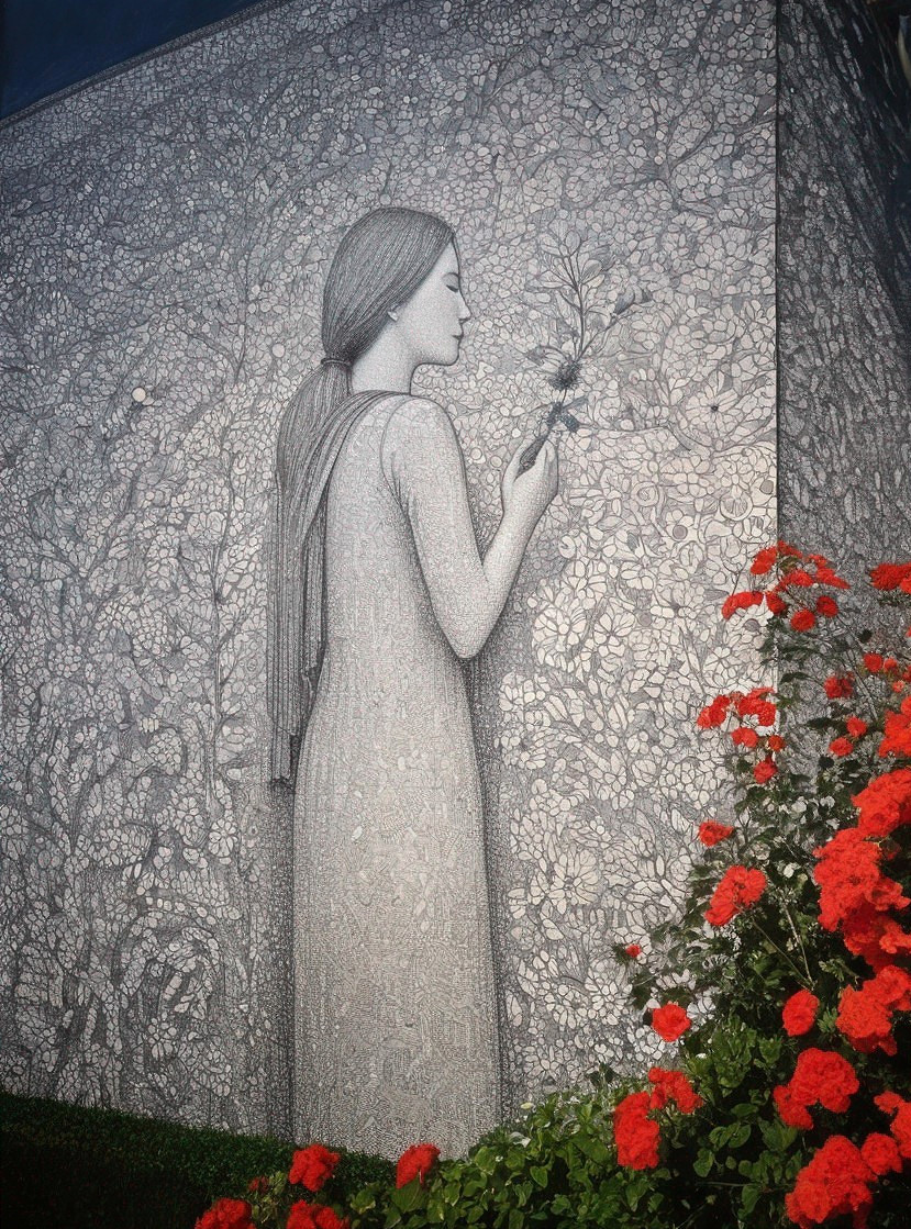 Mural of a Woman with Flower in Black and White