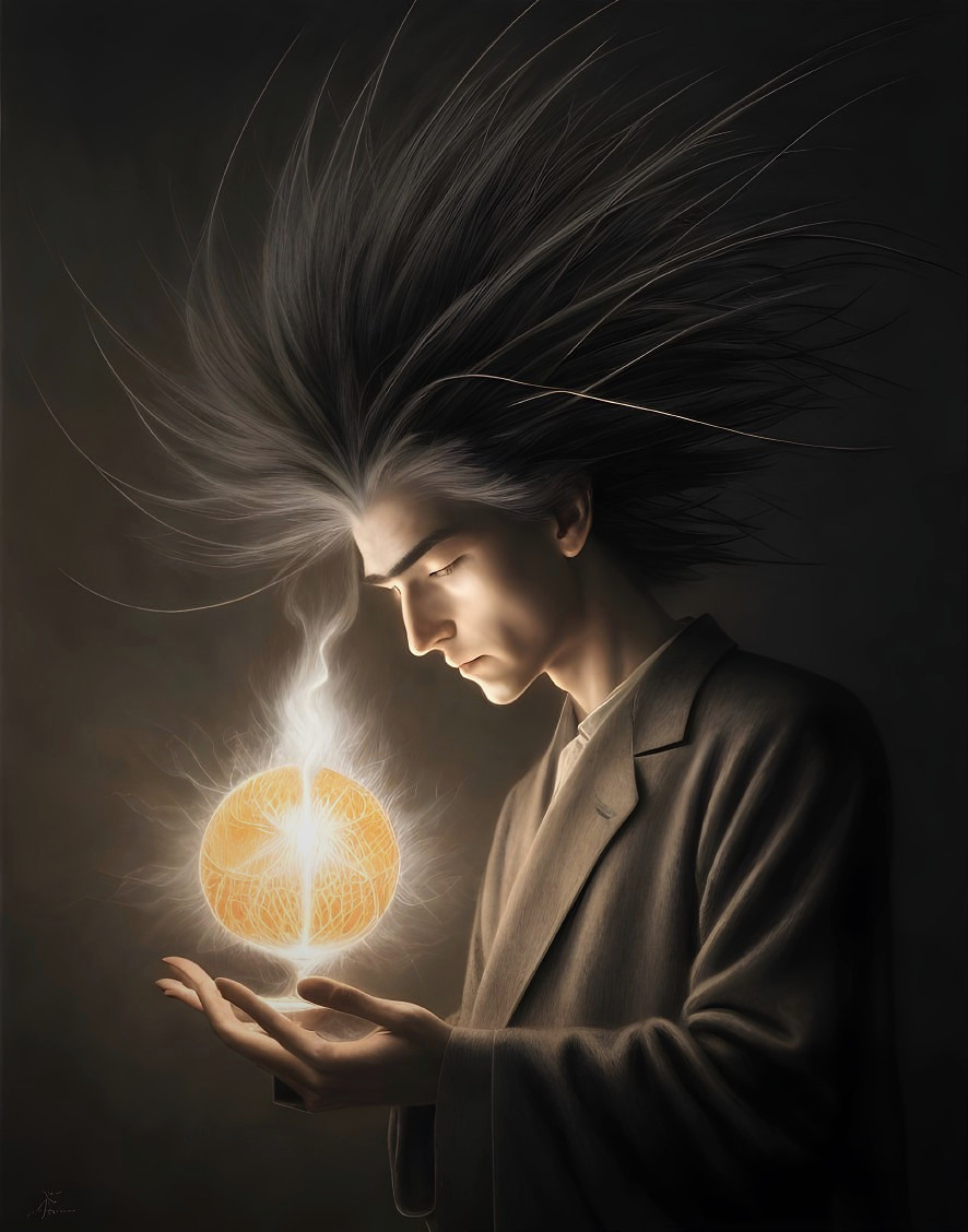 Young man with glowing orb in dark, surreal setting