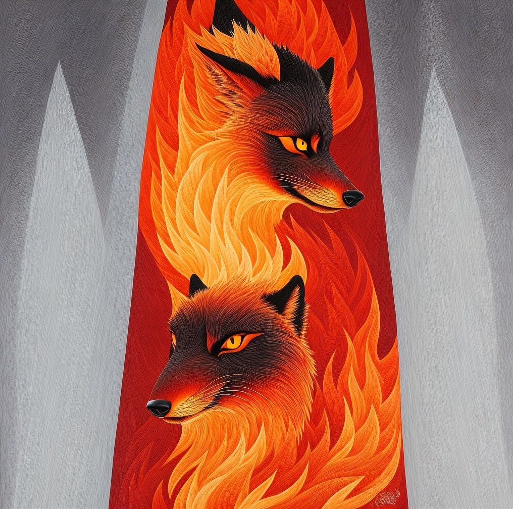 Stylized fiery foxes against grey tree-like backdrop