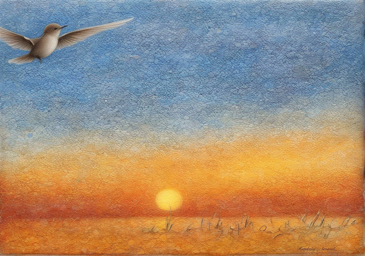 Serene sunset landscape with bird and water reflections