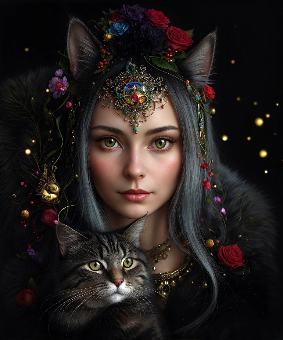 Woman with Cat Ears and Green Eyes Holding Tabby Cat in Crowned Portrait