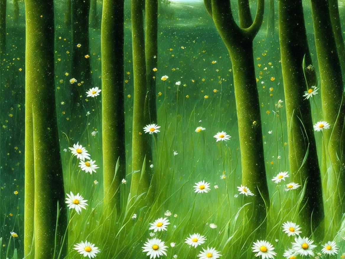 Serene Forest Scene with Vibrant Green Trees and Flowers