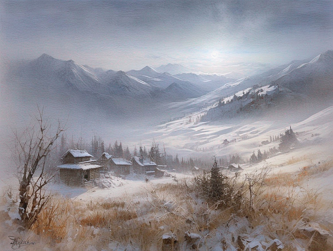 Serene Winter Landscape with Rustic Cabins and Snow