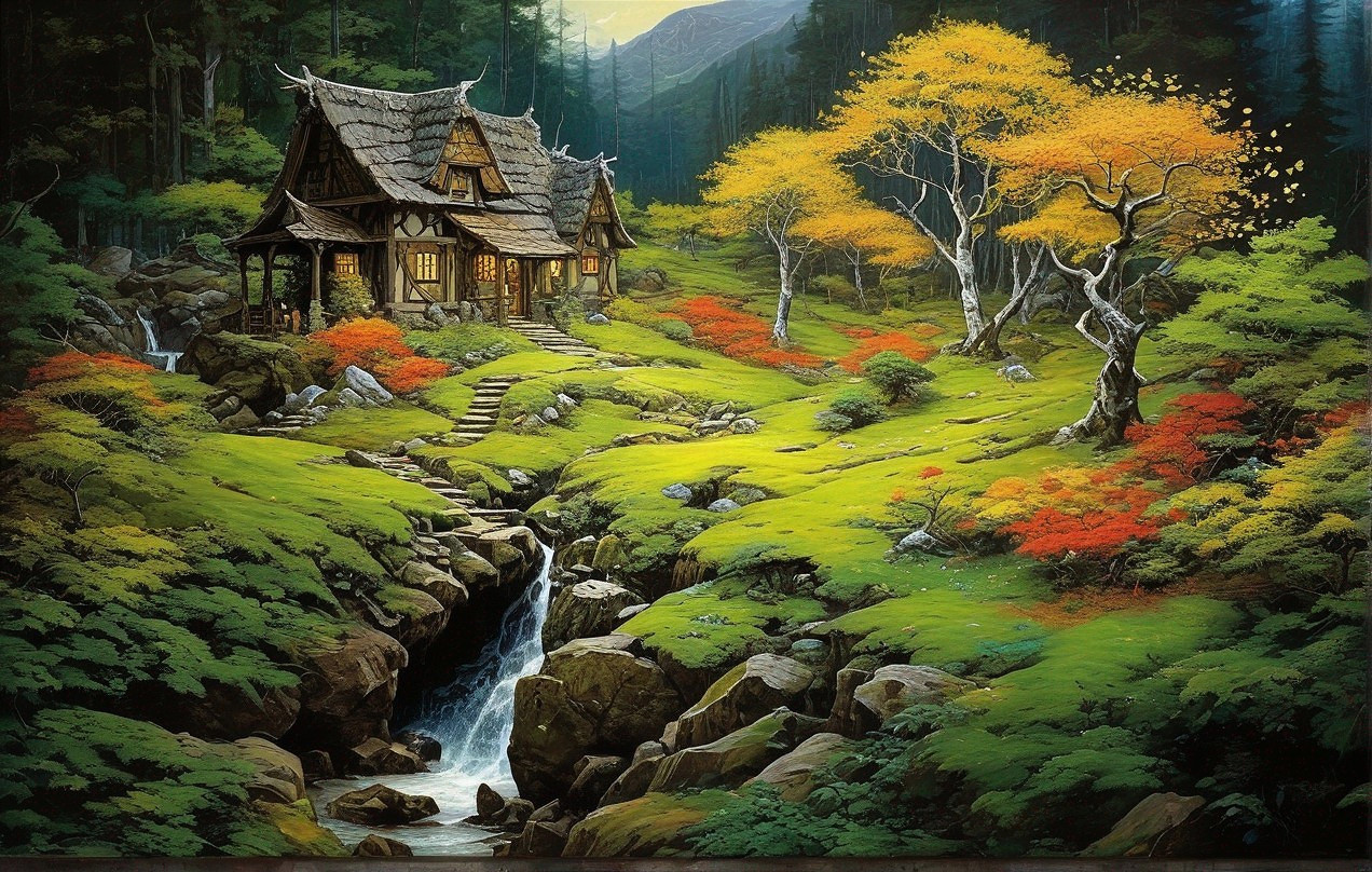 Rustic cottage surrounded by autumn foliage and mountains