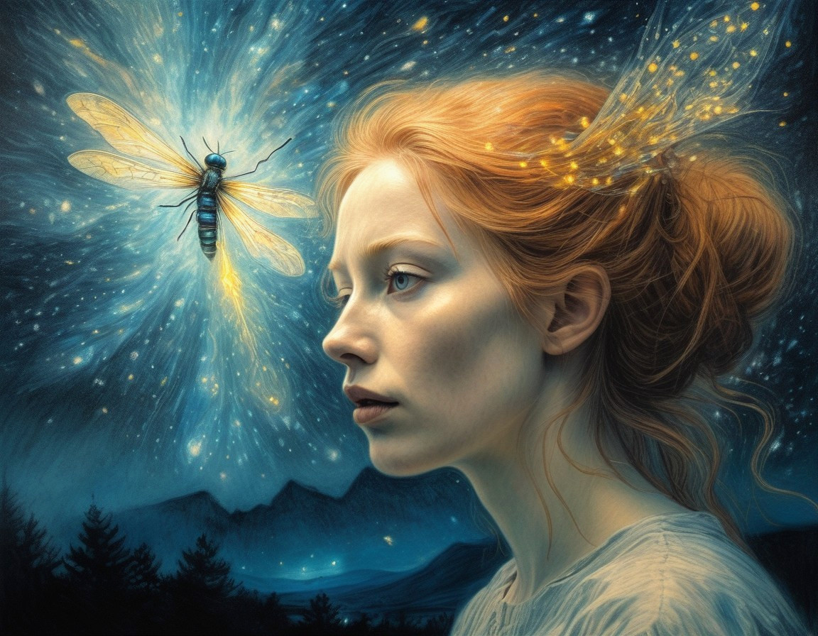 Ethereal portrait of a woman with red hair and dragonfly