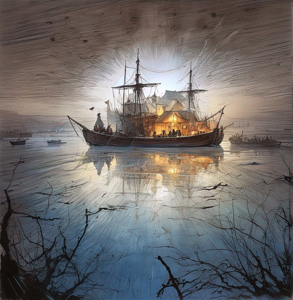 Illuminated Ship Moored in Calm Waters at Dusk