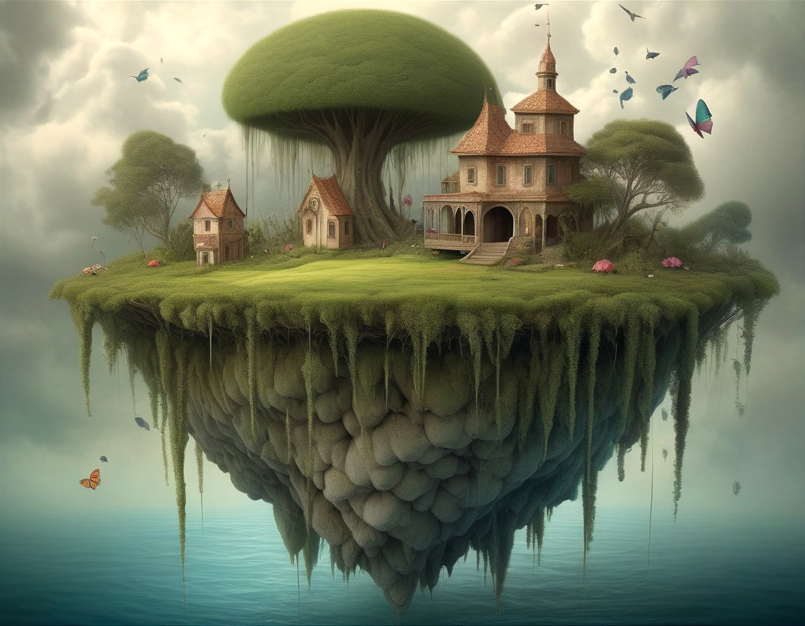 Fantasy floating island with large tree, whimsical houses, and flying birds above tranquil sea