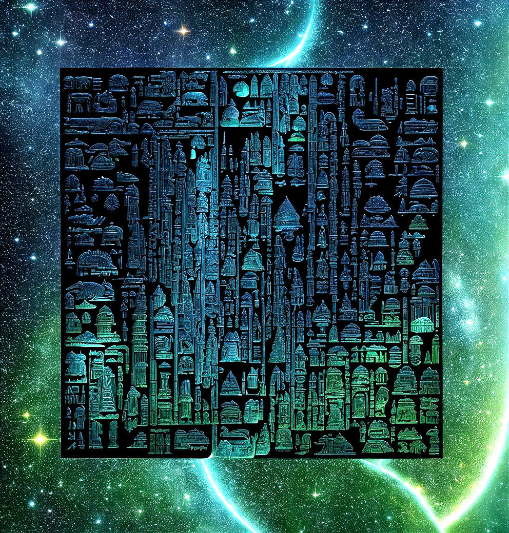 Intricate Ancient Egyptian Hieroglyphic Tablet on Cosmic Background