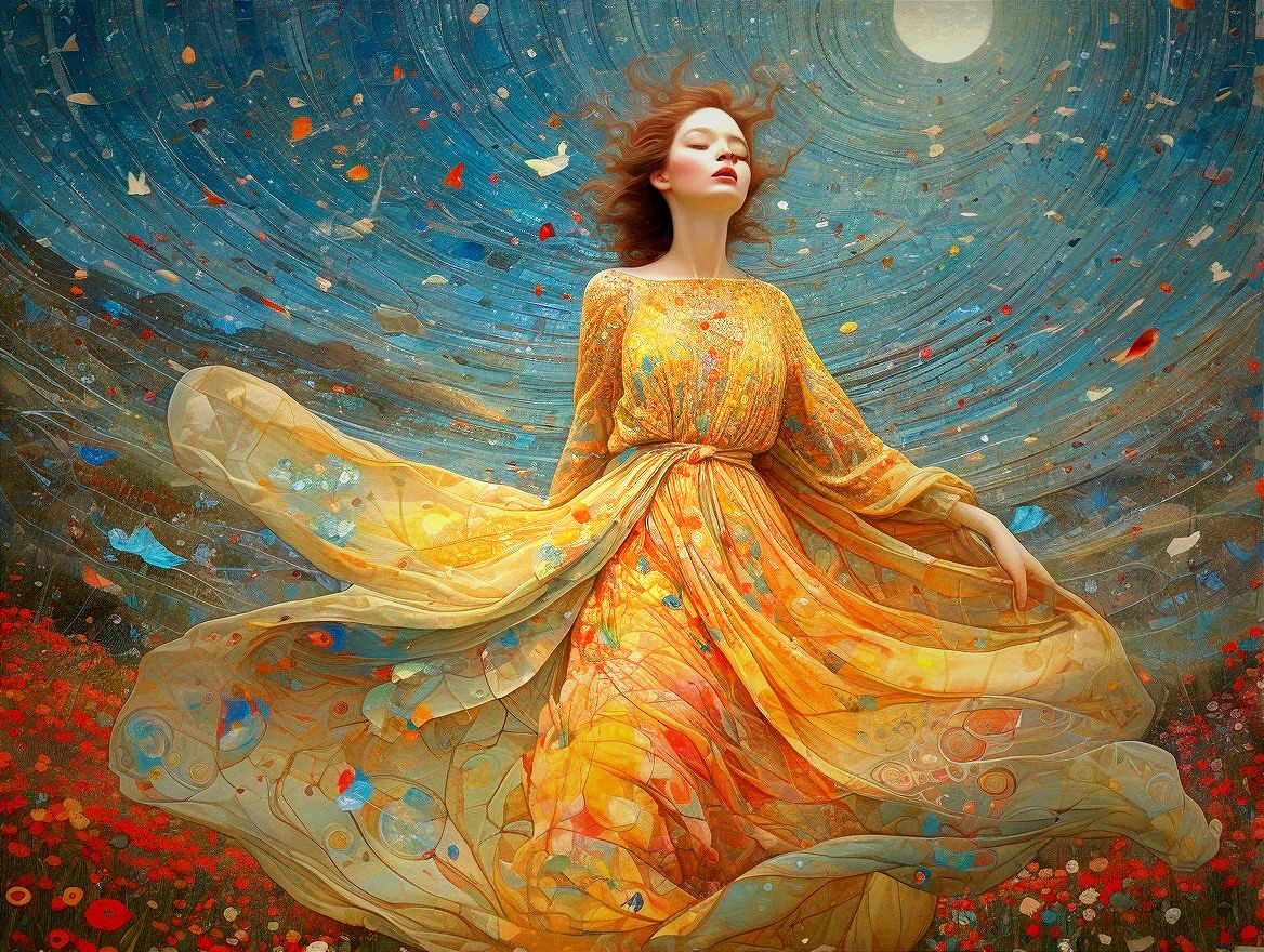 Woman in Yellow Dress in Red Flower Field