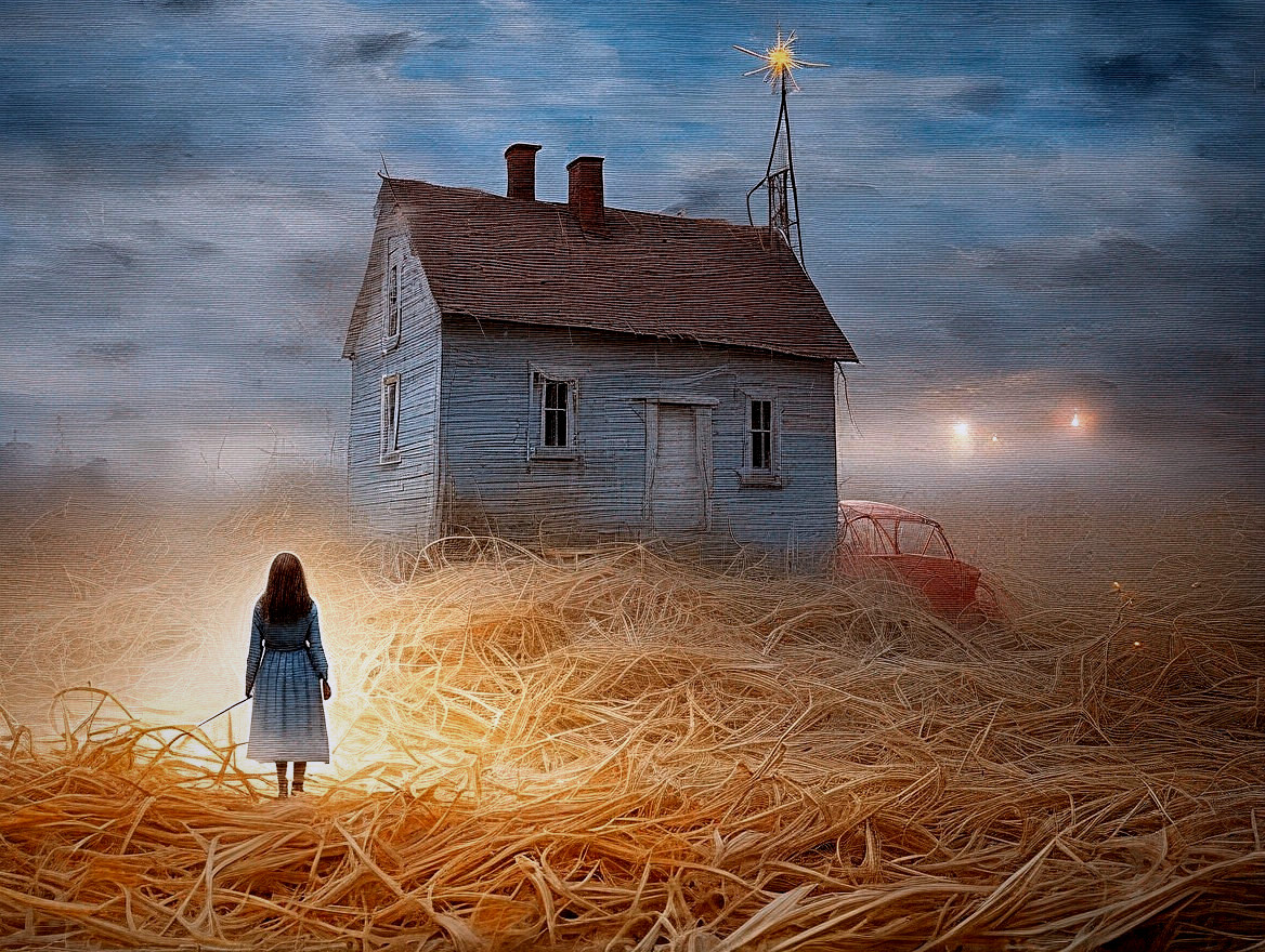 Girl in front of small house with glowing star chimney