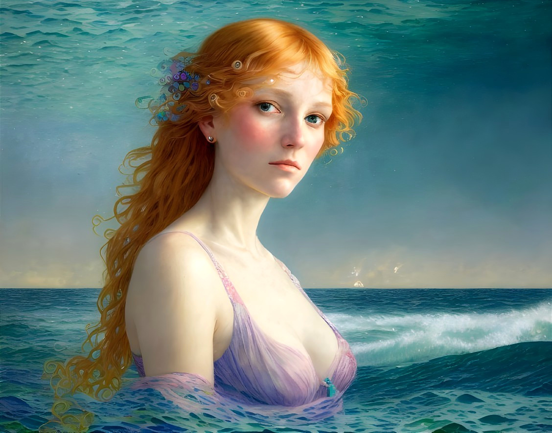 Digital Artwork of a Red-Haired Woman by the Sea