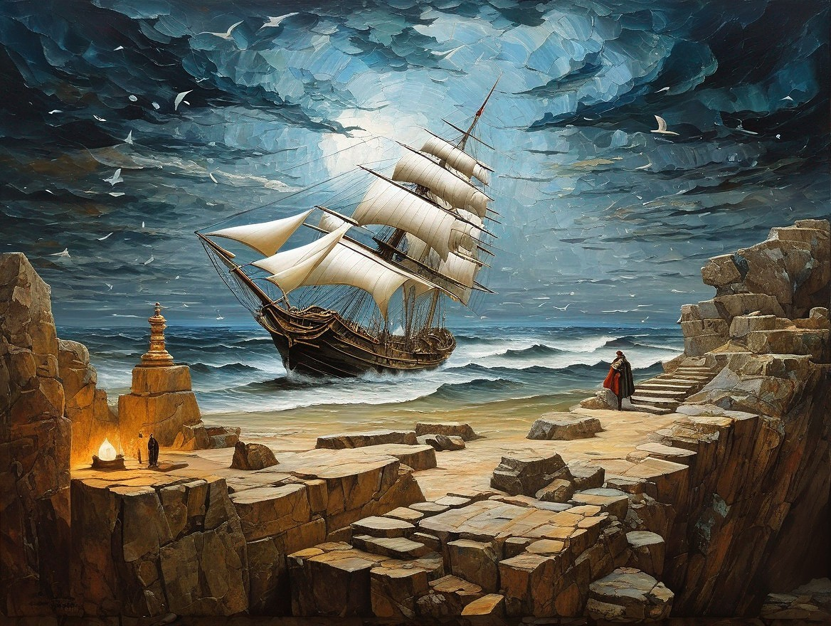 Surreal Painting of Ship on Ocean and Sky Transition