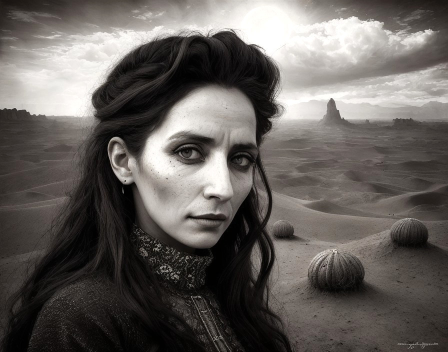 Black and White Portrait of Woman in Desert Landscape