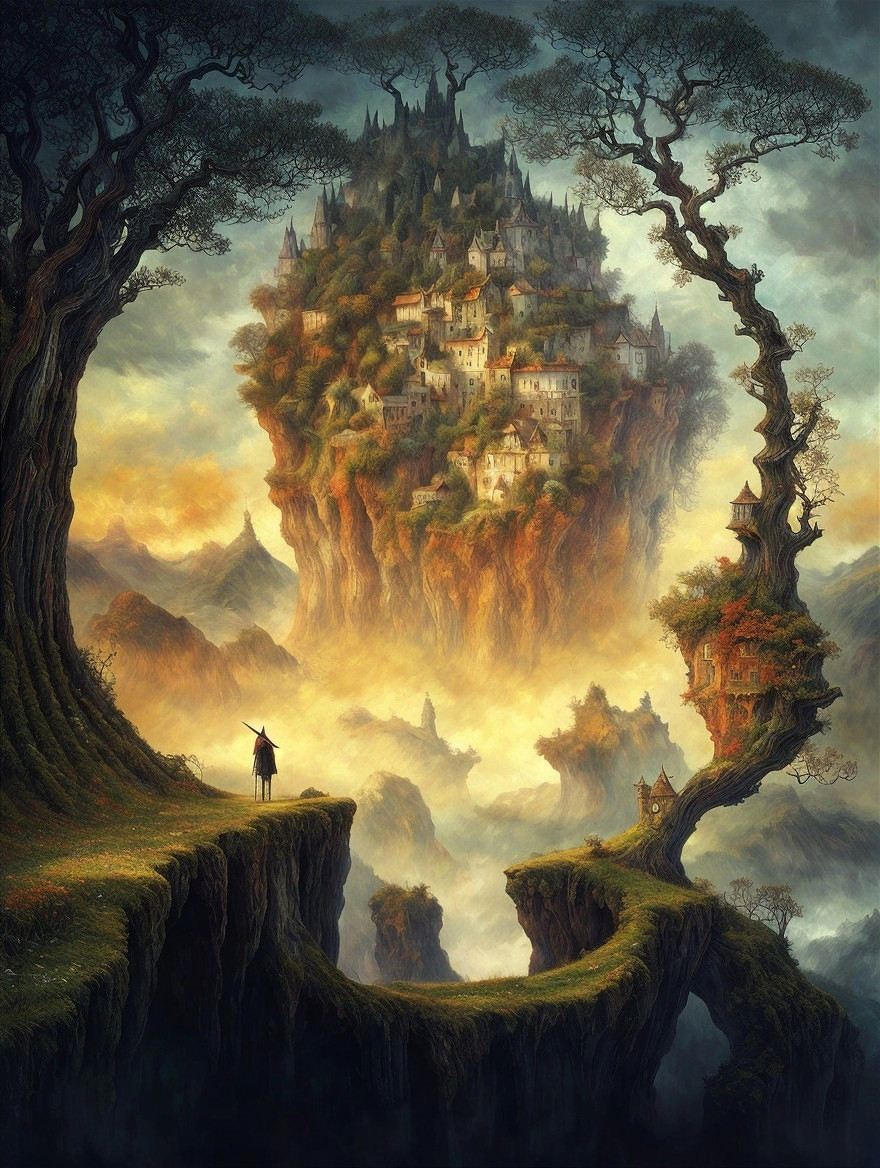 Floating Island with Mystical Village in Ethereal Mist