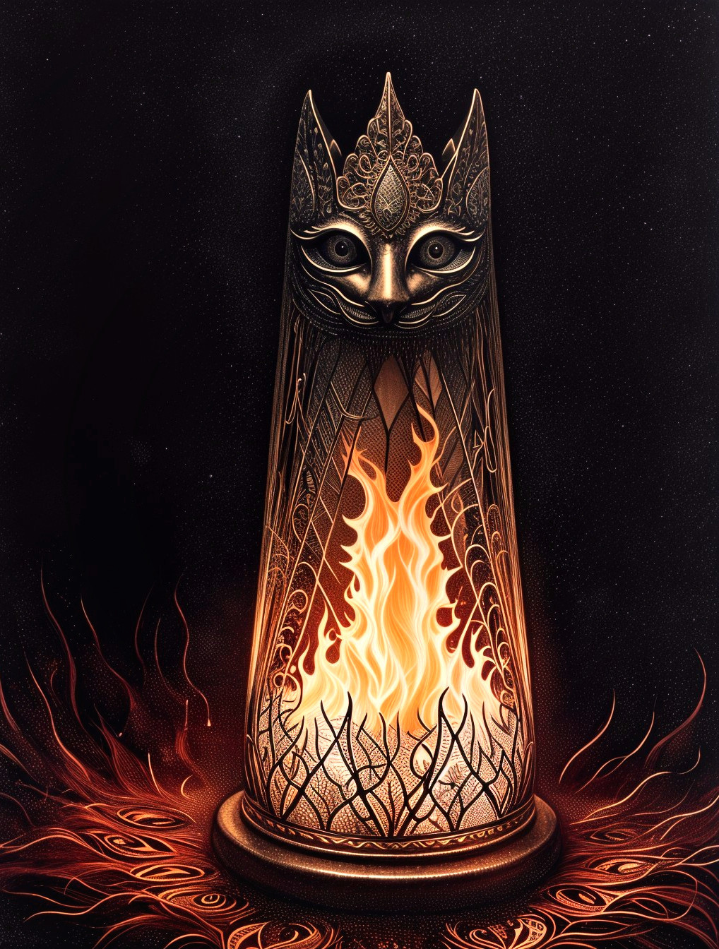 Majestic Lantern with Feline Face and Vibrant Flames