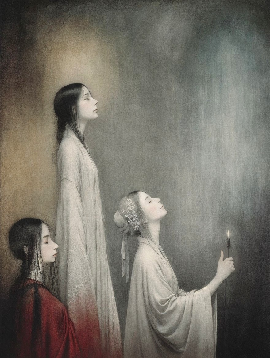 Three Ethereal Women in Flowing Garments with Candle