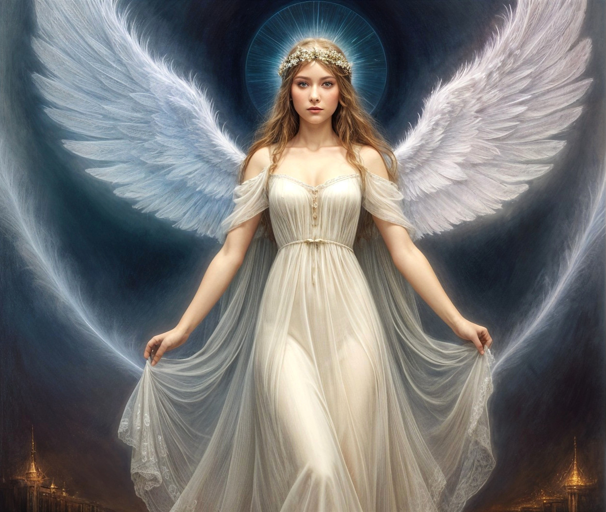 Serene Angelic Figure with Ethereal Gown and Wings