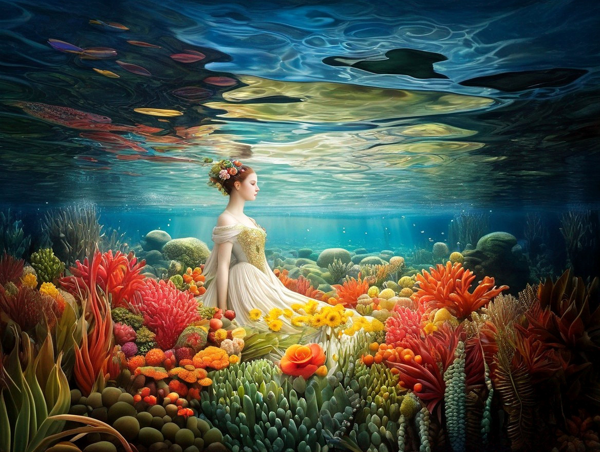 Colorful underwater portrait of a woman in flowing dress