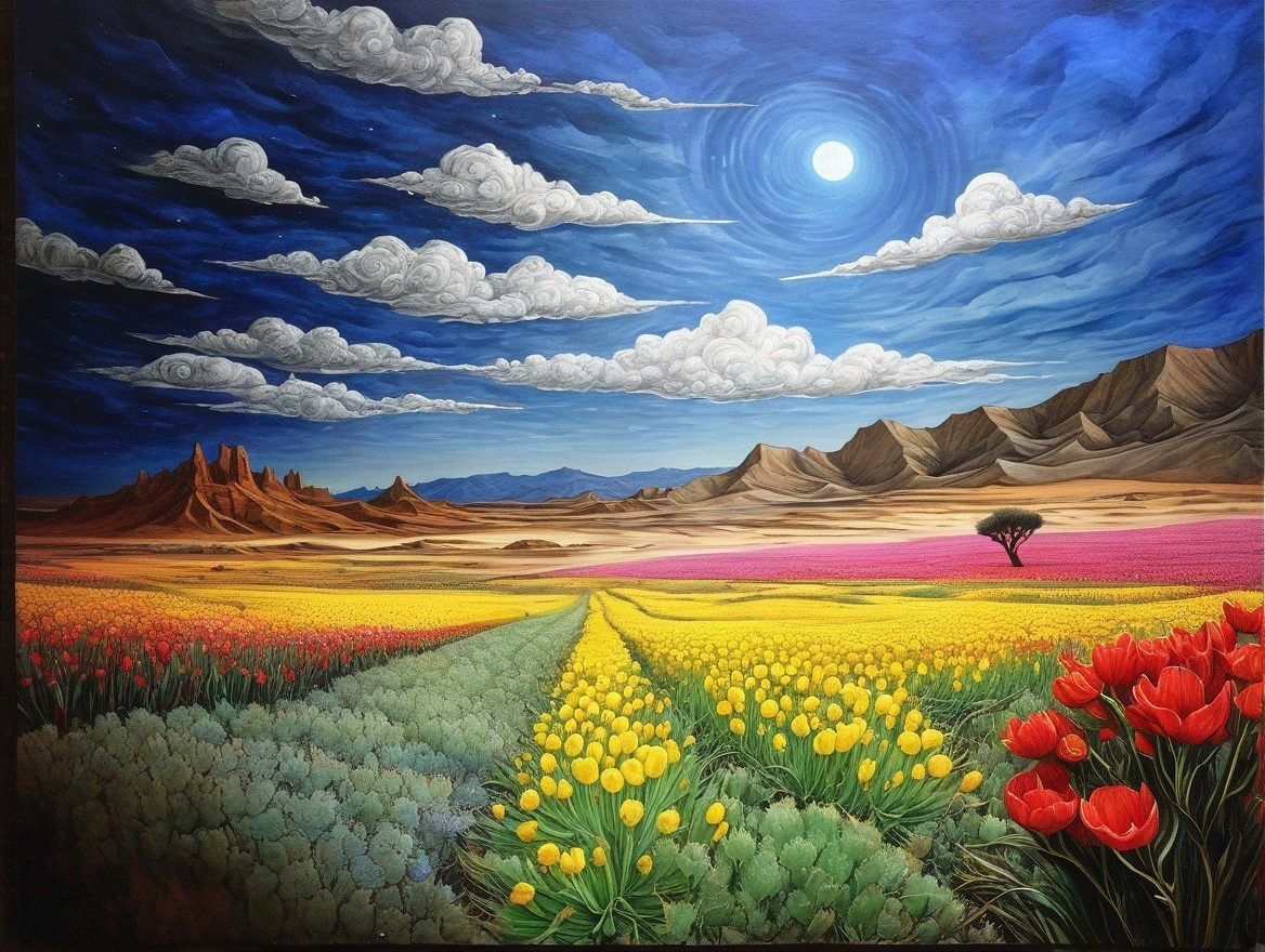 Vibrant Landscape of Tulips and Mountains Under Sky