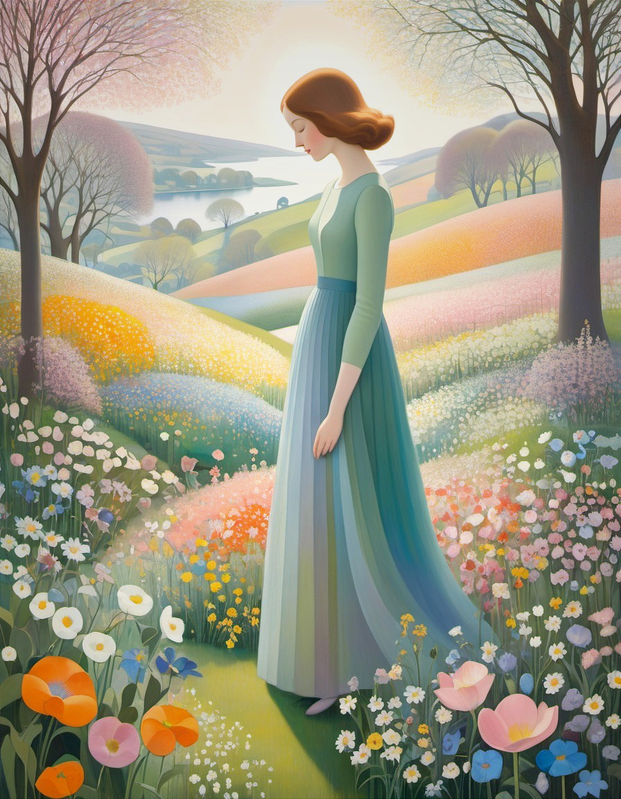Serene Meadow Landscape with Woman in Pastel Dress