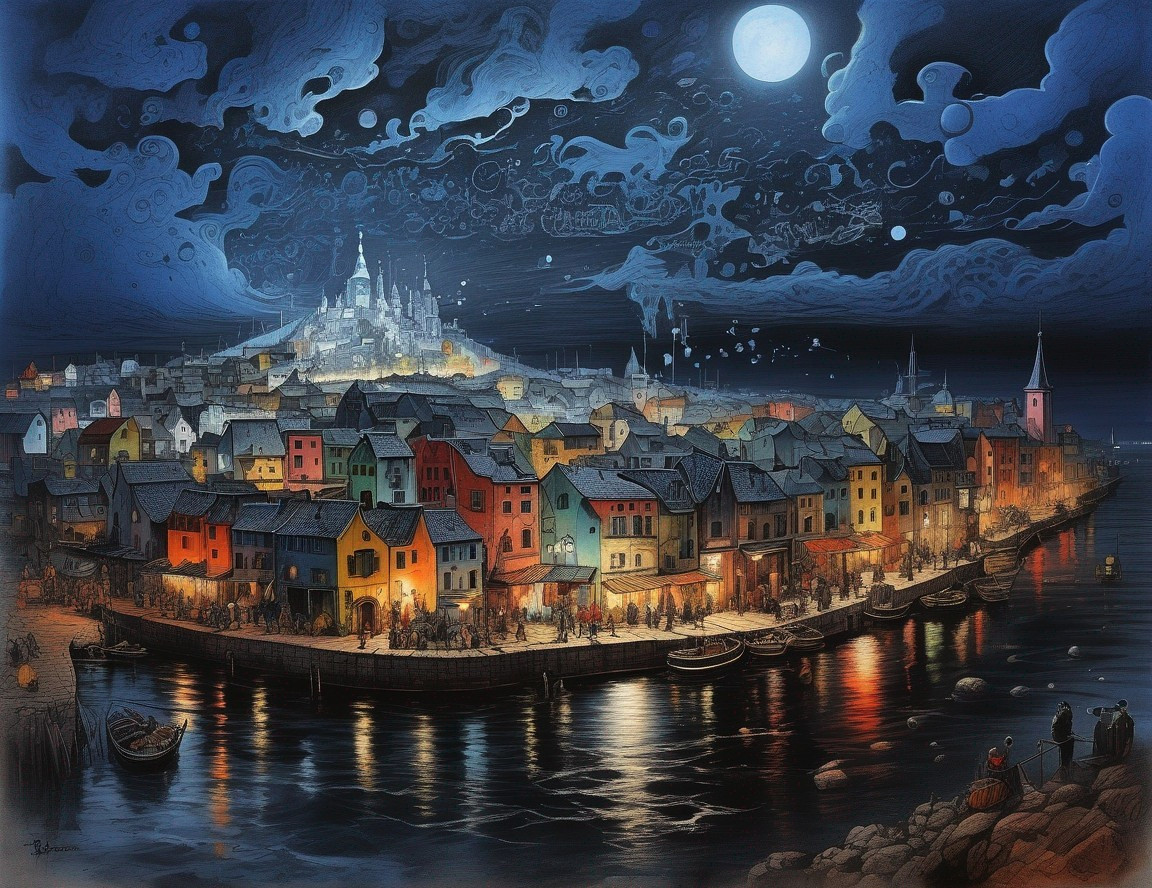 Vibrant Coastal Town at Night with Colorful Houses