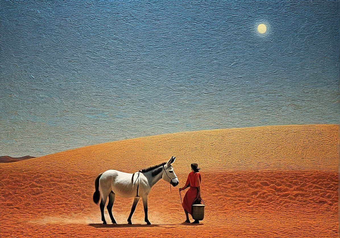 Desert Landscape with Person and White Donkey
