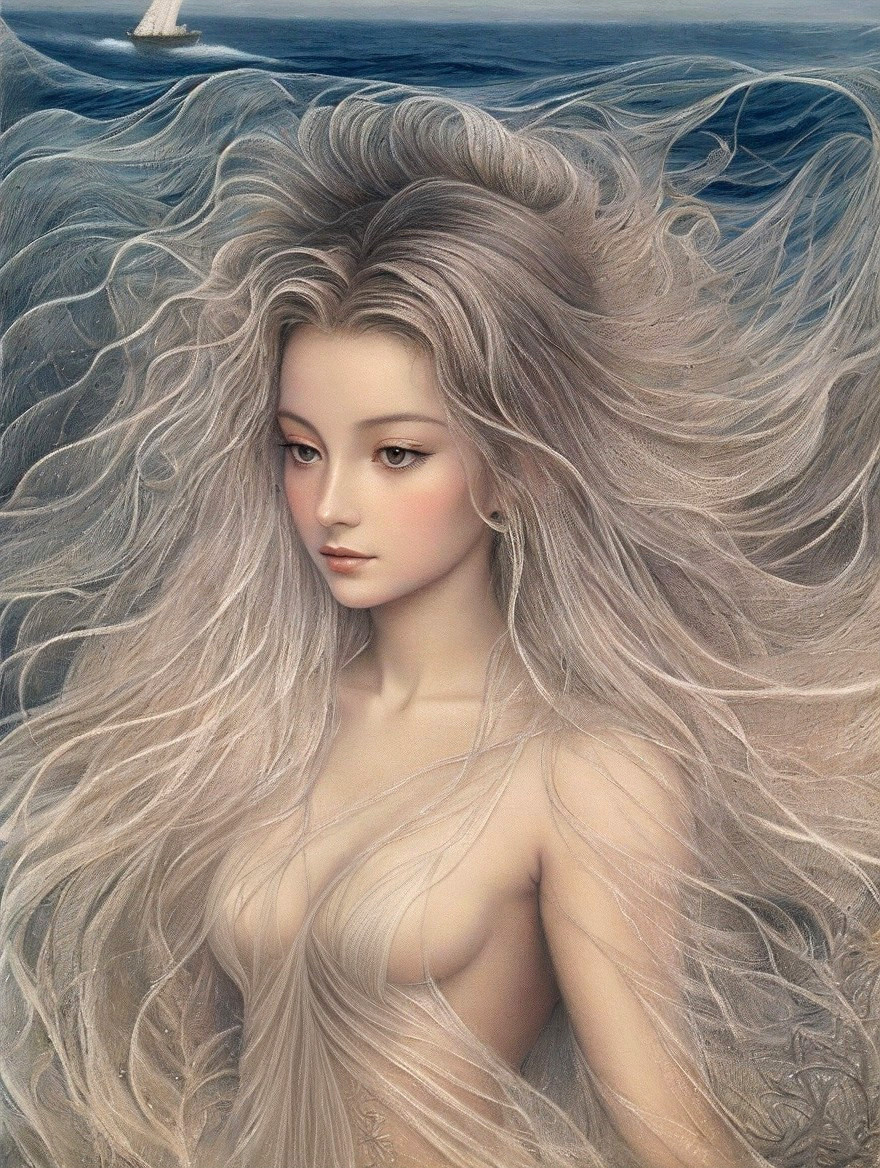 Ethereal Woman with Silver Hair by Tranquil Sea