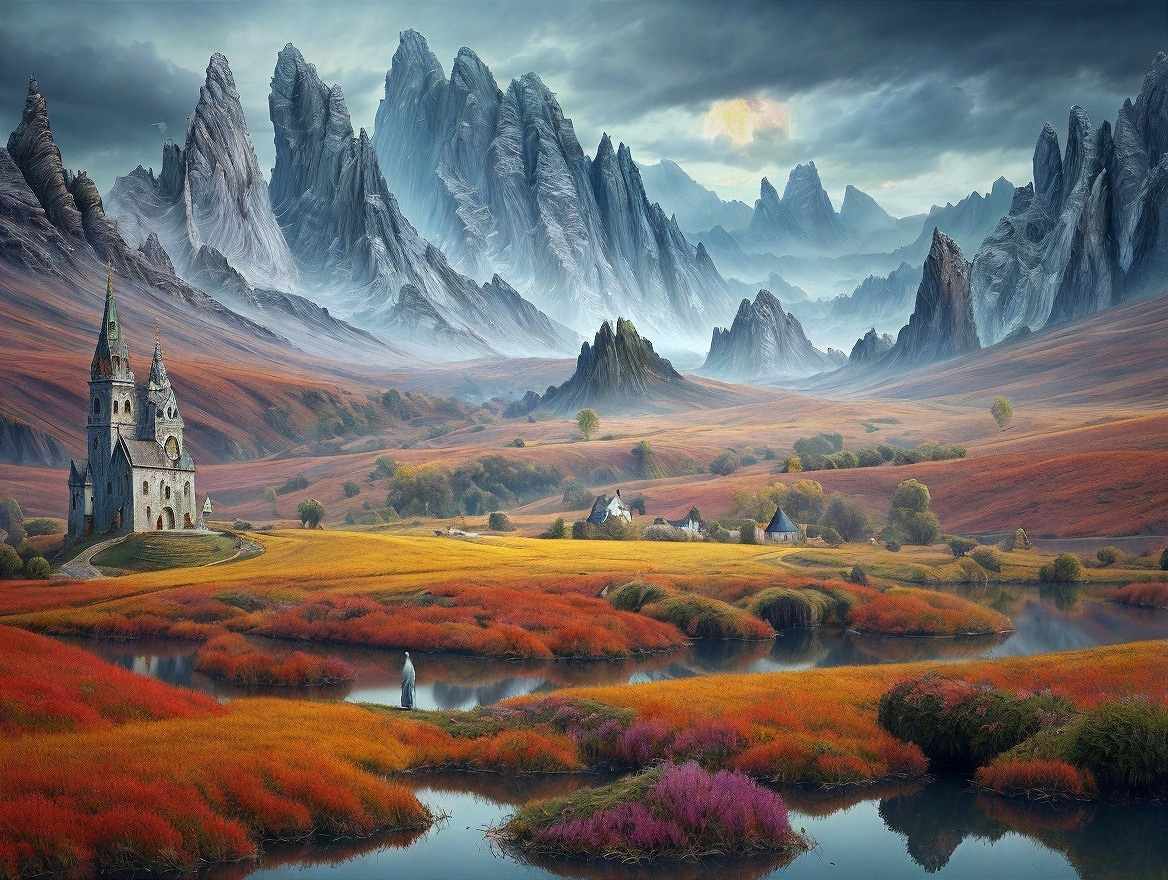 Gothic Church in Reddish-Orange Fields and Mountains